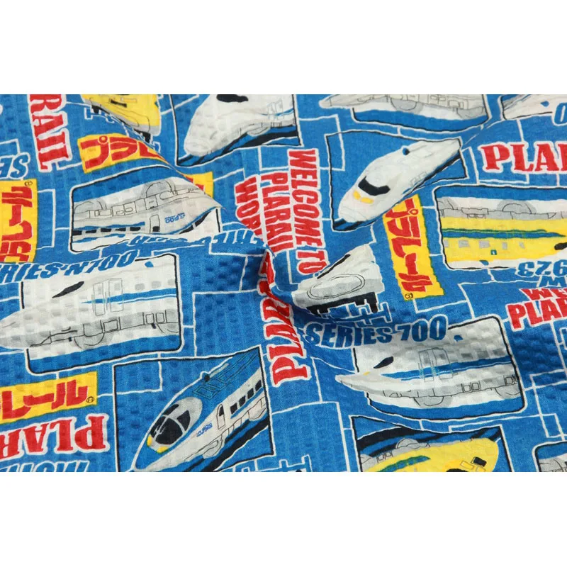 Half Meter 100% Cotton Bubble Fabric With Cartoon Train Print, Soft Close To Skin Garment Dress Children Cloth CR-414