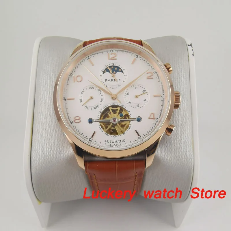 Parnis 43mm Automatic mechanical watch rose golden case white dial moon week date 24 hours Automatic mens watches PA129