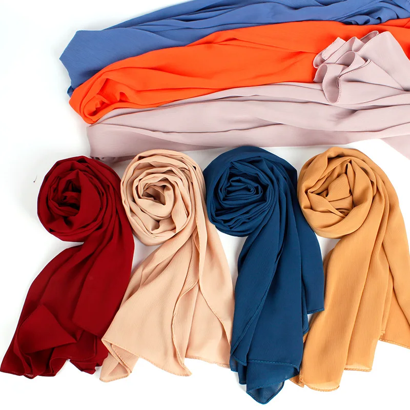 NEW Muslim Bubble Chiffon Hijab Scarf Women Solid Color Soft Long Shawls and Wraps Georgette Islamic Head Scarves Ladies Hijabs