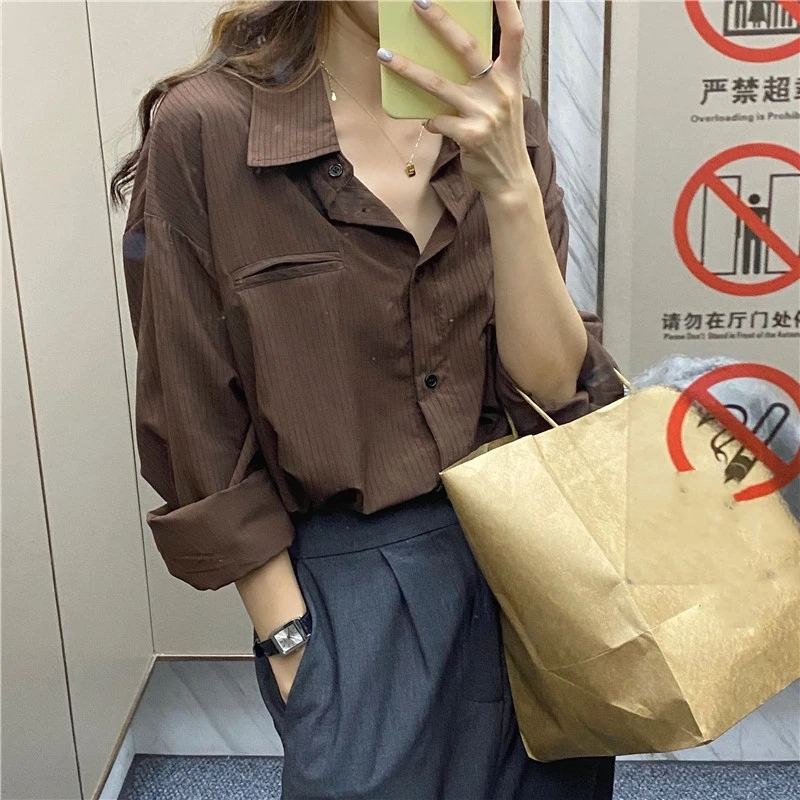 New 2024 Autumn Winter Women\'s Blouses Striped Casual Fashionable Vintage Oversize Office Lady Wild Standard Shirts Tops BL9129