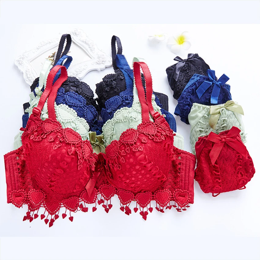 Cute Push Up Bra Sets Floral Bra Summer Girl Cute Bow Small Fresh Comfortable Underwear Set Padding Plus Size Lingerie Sets