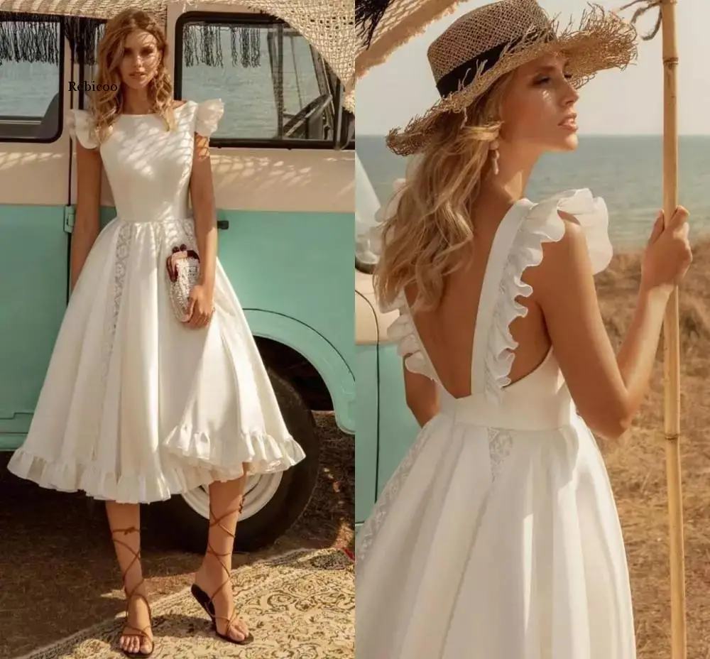 Short Dresses 2021 Knee Length Satin White Sleeveless Bridal Gowns A-line Gorgeous Open Back Ruffles Vestido