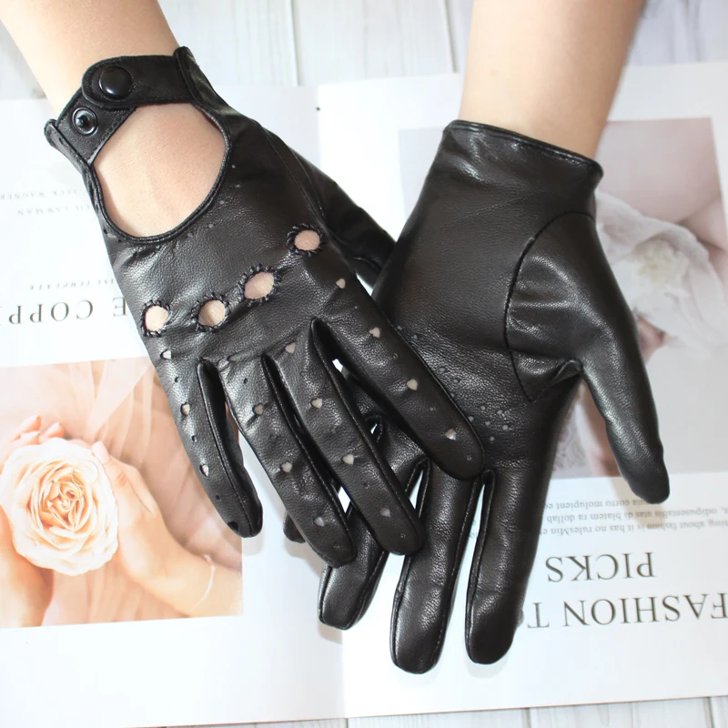 New sheepskin gloves women's leather thin section unlined summer air hole design hollow breathable driving gloves