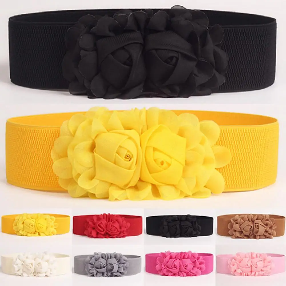 Fashion Women Girl Fashion Wide Stretch Elastic Waist Belt Solid Color Flower Waistband Gift