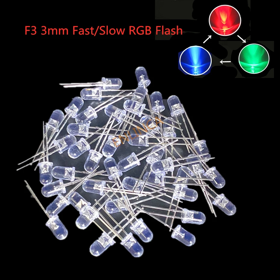 50pcs/lot F3 3mm Fast/Slow RGB Flash Red Green Blue Rainbow Multi Color Light Emitting Diode Round LED Full Color