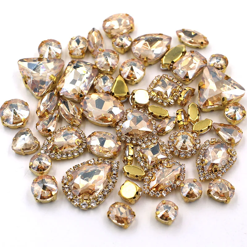 50pcs/Bag Shiny Champagne Mixed Shape Sew on Glass Rhinestone Gold Claw Crystal Buckle Diy Wedding Decoration Clothes/Shoe/Dress