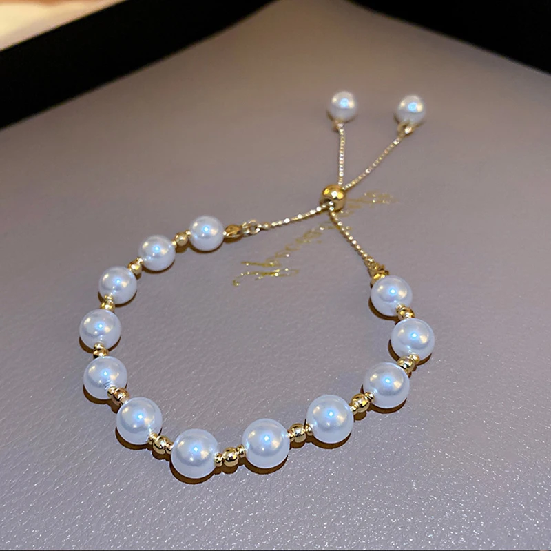 Elegant Imitation Pearl Beads Bracelet Copper Zircon Sunflower Bowknot Pendant Adjustable Chain Bracelet For Women Jewelry