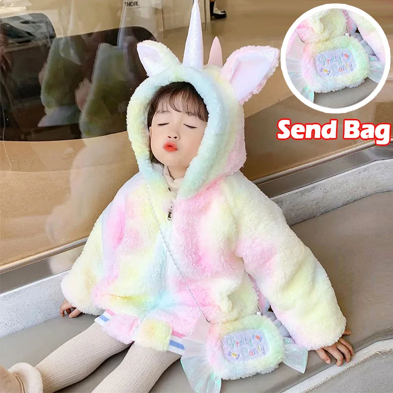 2-8 Year Girls Coat Cute Colorful Unicorn Jacket For Girls Winter Warm Hooded Parka Snowsuit Toddler Children Outerwear Clothing