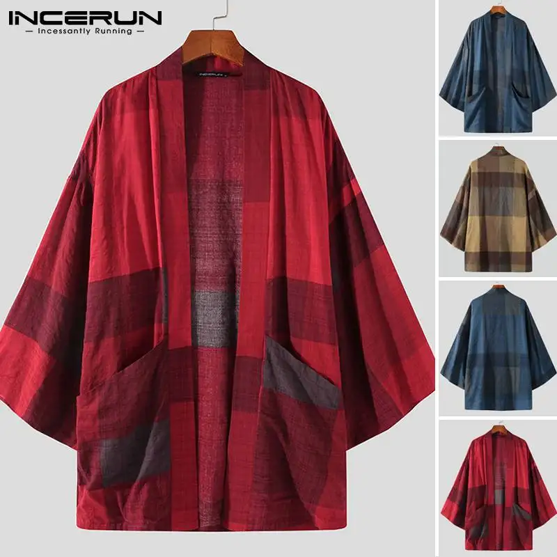 INCERUN z długim rękawem otwórz Stitch bluzka mężczyźni w stylu Vintage Plaid kardiganowe koszule wiosna mężczyzna rozrywka kieszenie topy Kimono