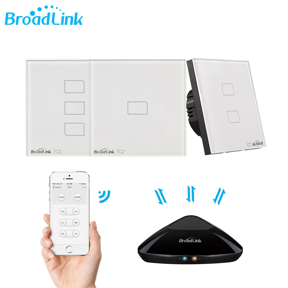 Broadlink TC2 1/2/3 Gang-EU interruptor de luz estándar diseño moderno Panel táctil blanco Wifi Control inteligente inalámbrico a través de RM4 Pro