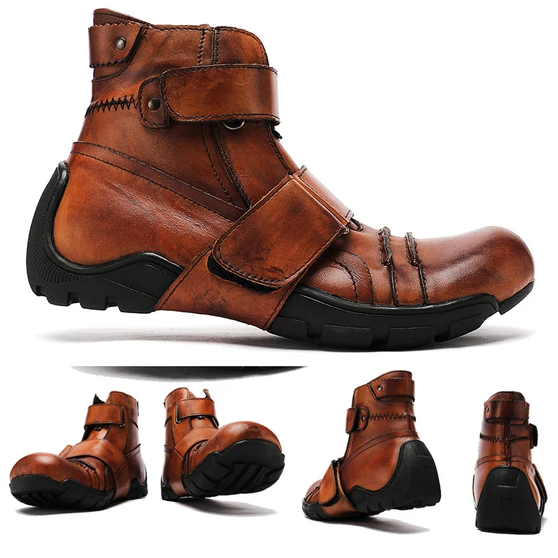 2025 New Men's Cowhide Genuine Leather Motorcycle Boots Steams Men Shoes Ankle Boots Cowboy Warm Casual Men Punk Boots Handmade