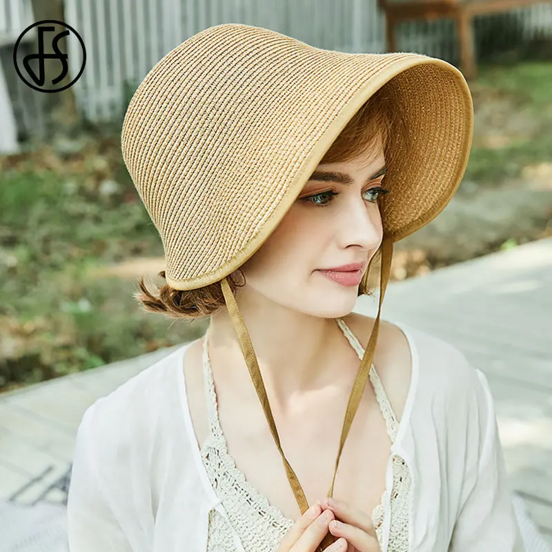 FS Fashion Straw Regency Bonnets Hats For Women Party Sun Hats Bow Beach Cap Big Wide Brim Cloche Hat Fedora Chapeau Femme