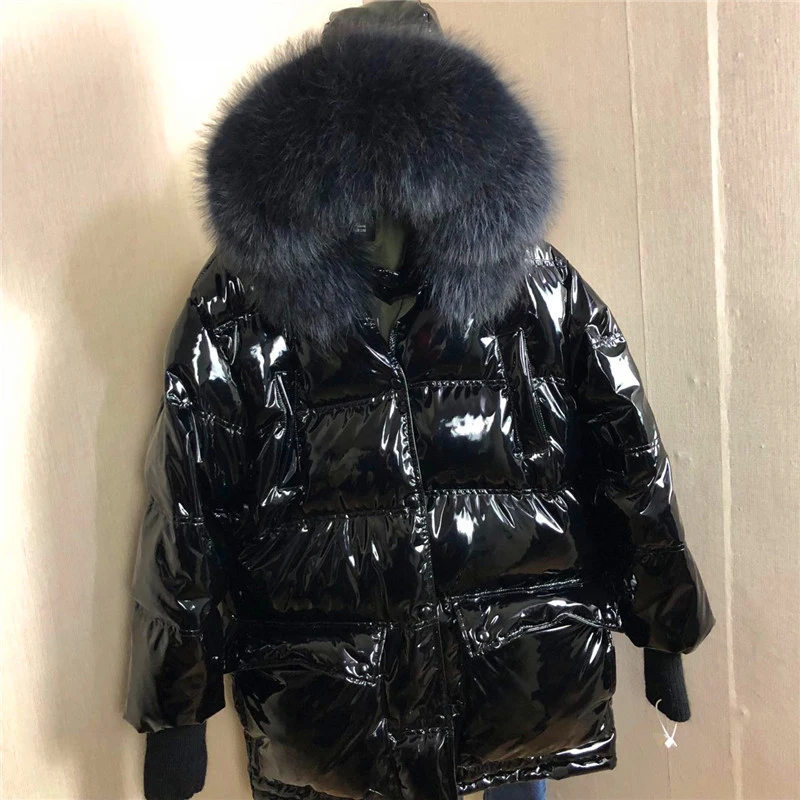 

Big Fur Patent Leather Winter Jacket Women Thicken Long Down Parka Hooded Female Duck Down Waterproof Coat