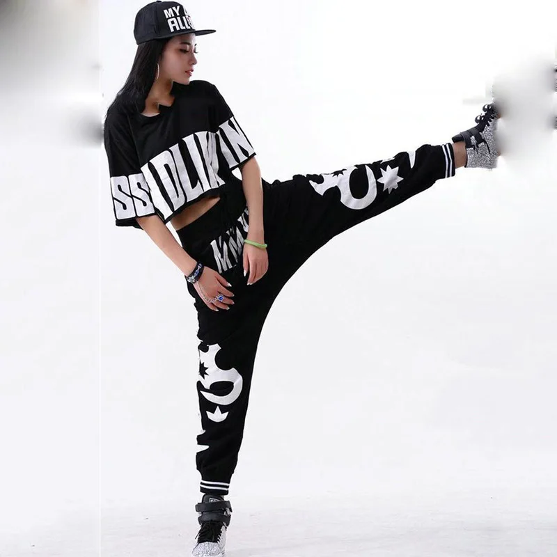 Hip Hop Costume Black Short Sleeve Loose Harem Pants Women Street Dance Clothing Ladies Stage Outfit Dj Ds Rave Wear DT1071