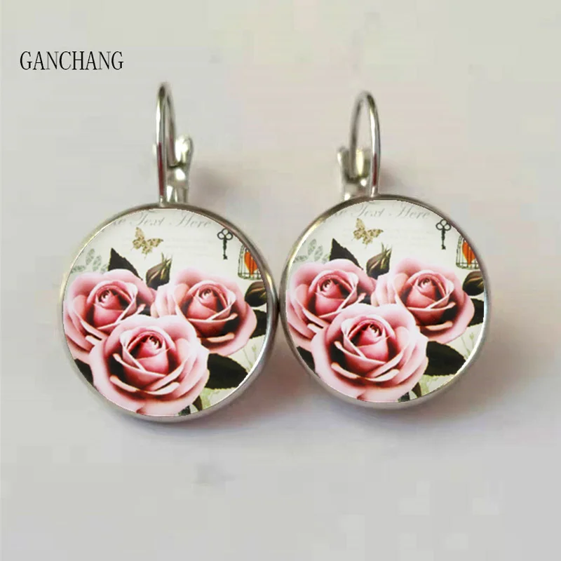 new rose earrings beautiful rose retro round glass handmade photo earrings ladies jewelry