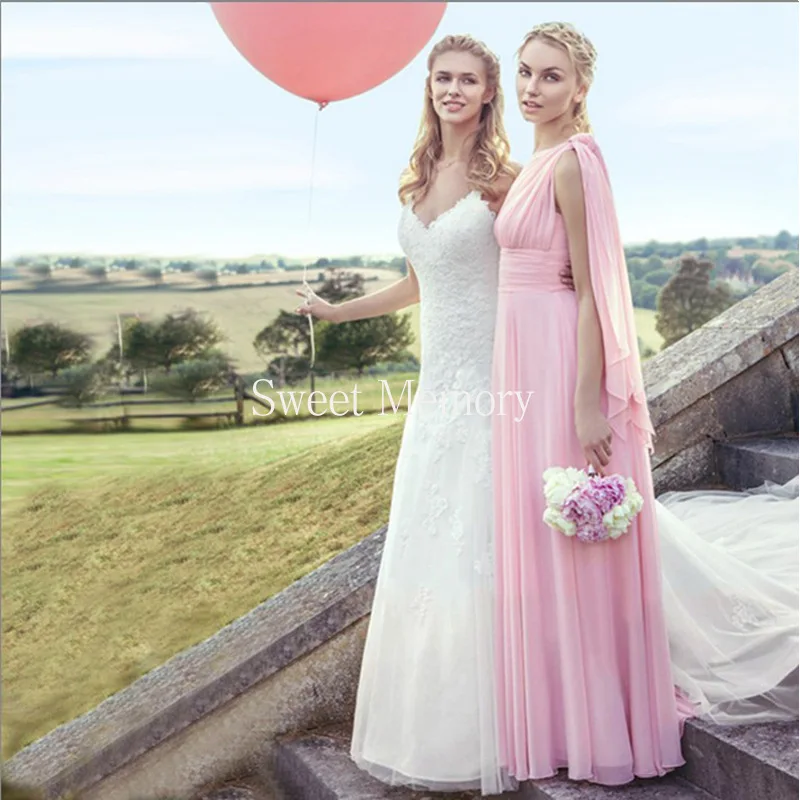 Robes longues de demoiselle d'honneur en mousseline de soie, sur mesure, rose bleu jaune corail, longueur au sol, robe de bal de mariage pour femmes