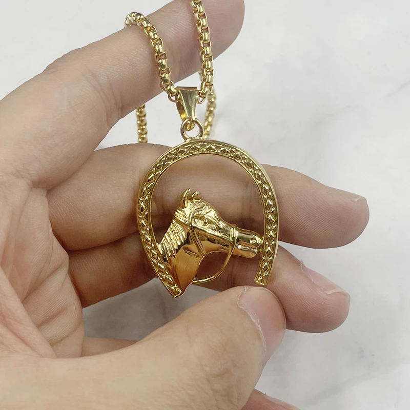 Hip Hop Iced Out Horse Head Pendant For Men Gold Color Stainless Steel Animal Necklaces Male Bling Jewelry Dropshipping