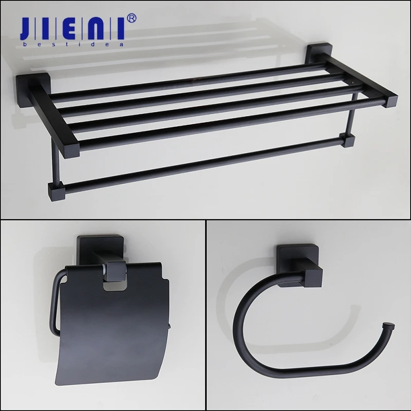 JIENI Black Painting Bathroom Hardware Folding Wall Mounted Bathroom Towel Rail Holder Storage Rack Shelf Bar Hanger