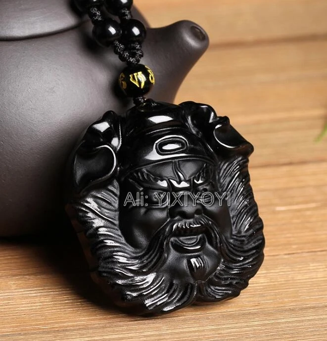 Natural Black Obsidian Hand Carved Chinese ZhongKui The Ghost Catcher Amulet Pendant + Beads Necklace Gift Charm Fashion Jewelry