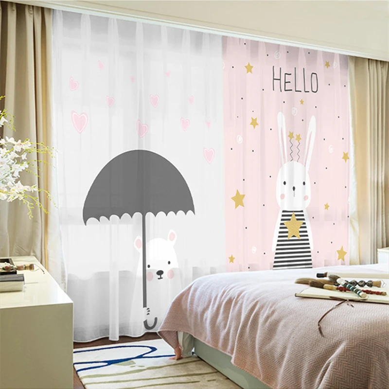 

Custom Chiffon Curtain Window Drape for Nursery Kids Children Living Room Hare Rabbits Bear Heart