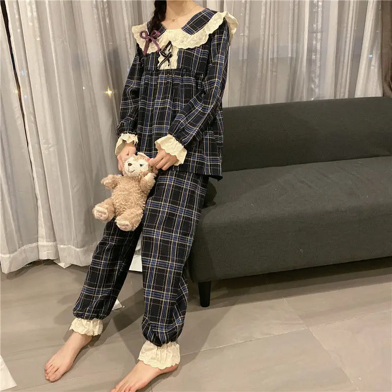 Women Long Sleeve Plaid Pajama Sets Sweet Princess Lace Turn Down Collar Cute Sleepwear Korean Lounge Two Pieces Pyjamas Female