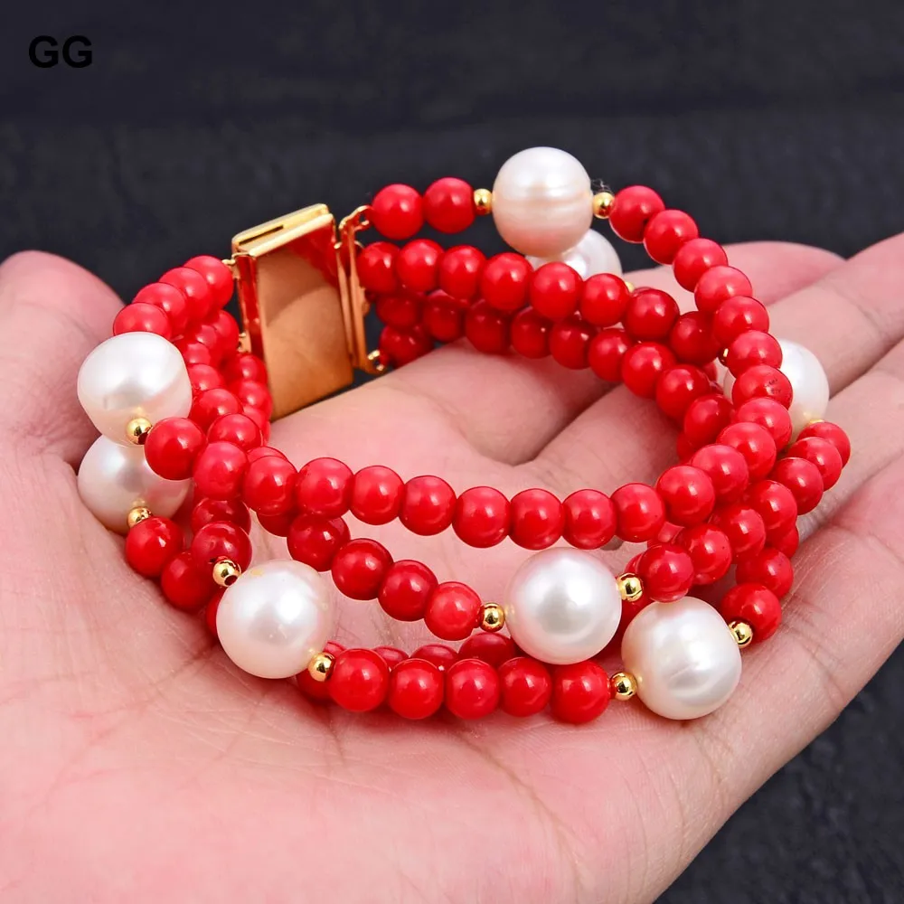 GuaiGuai Jewelry 8\'\' 4 Rows 10mm White Round Pearl 6mm Round Red Coral Bracelet For Women Fashion Jewelry