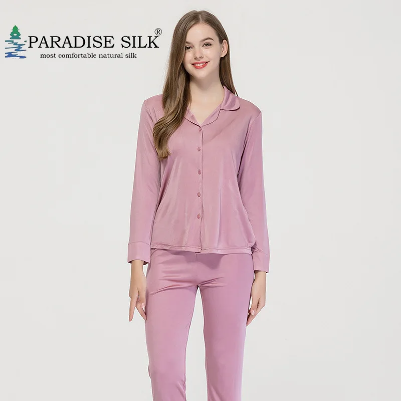 

Women Silk Knit Pajamas Set Long Sleeve Top and Bottom Set Solid Sleepwear Size M L XL 2XL 3XL