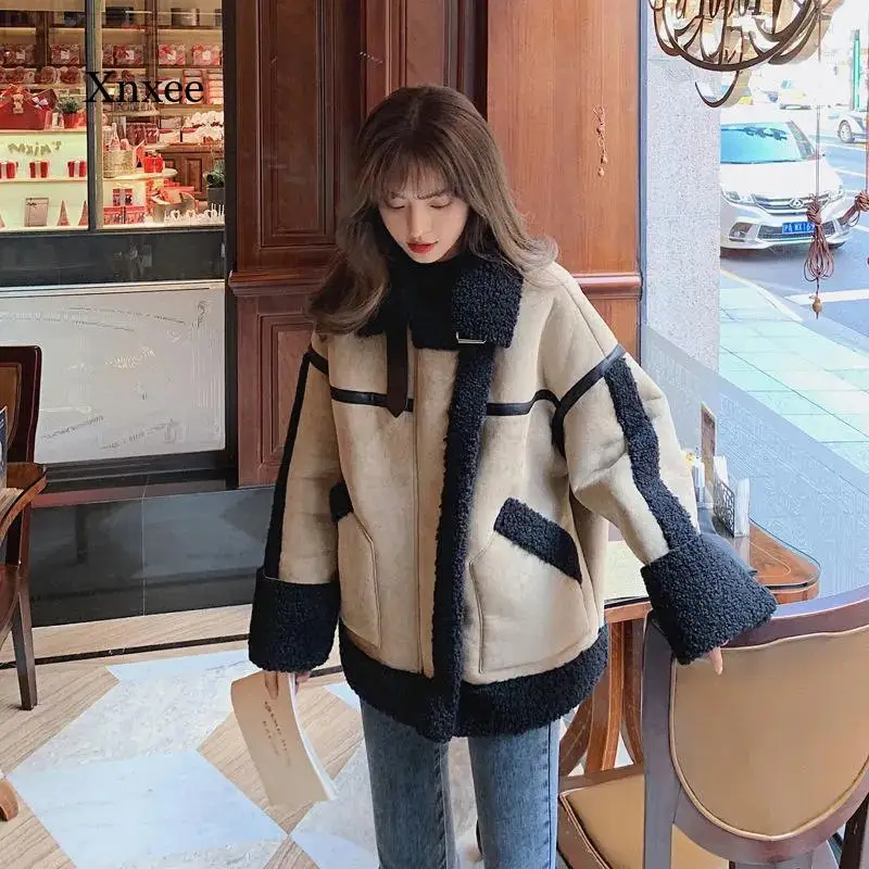 Faux Lamb ขนสัตว์ Coat Patchwork ฤดูหนาว Luxury Vintage ผู้หญิงใหม่เกาหลีแฟชั่น Thicken Warm Coat รถจักรยานยนต์หลวมสั้น