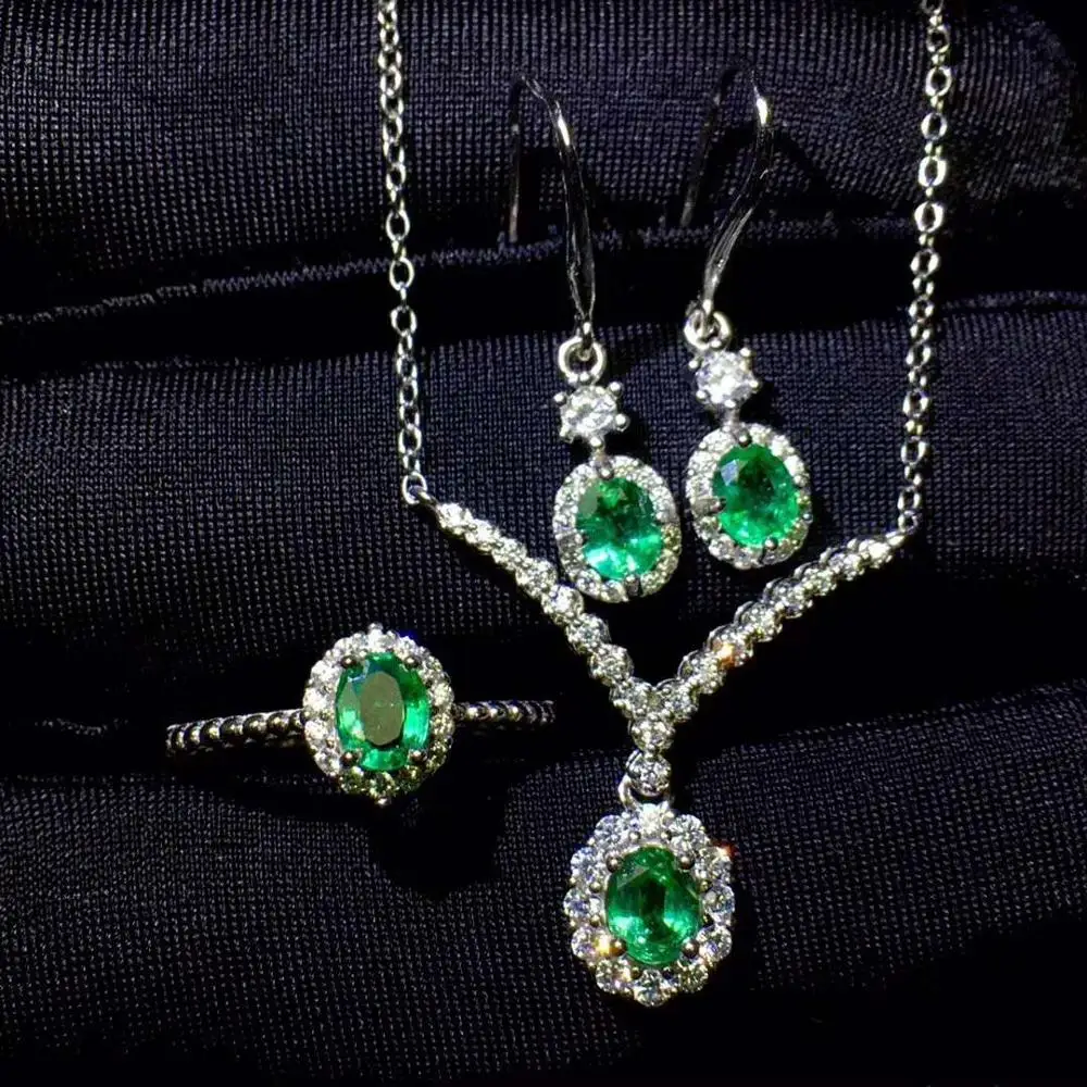 

Real Natural Emerald jewelry set Natural Real Emerald 925 sterling silver 1pc pendant,1pc ring,2pcs Earring