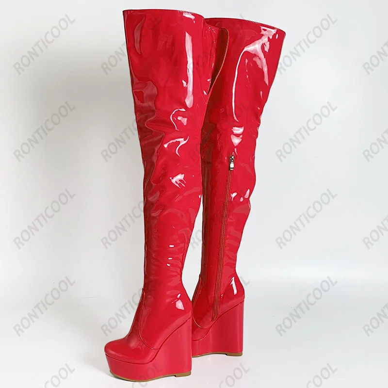 Ronticool Handmade Women Winter Platform Thigh Boots Patent Wedges Heel Round Toe 10 Colors Night Club Shoes Women Us Size 5-20