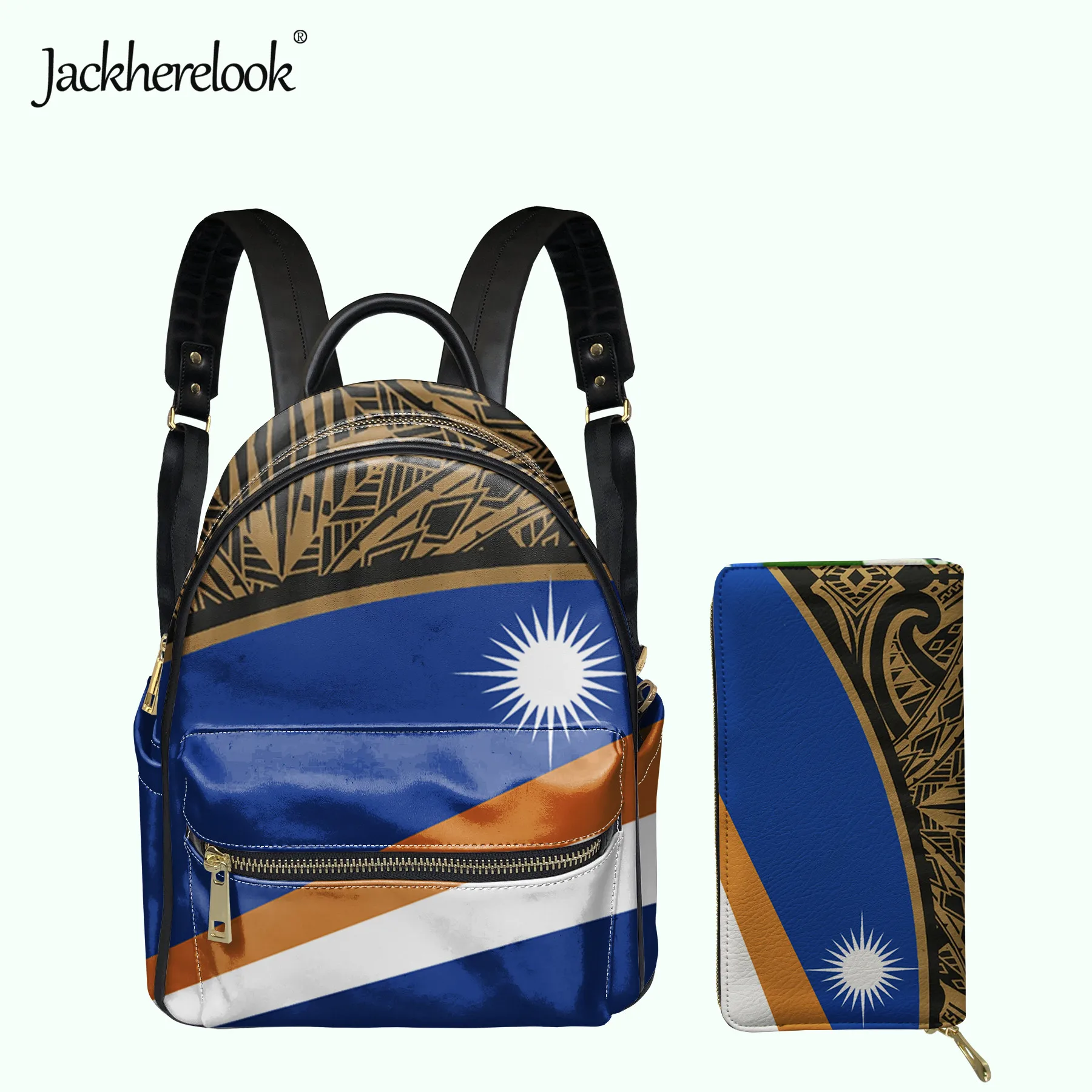 Jackherelook Island Kwajalein Flag Polynesian Design Womens PU Small Backpack Wallet 2pcs/Set Ladies Fashion Daily Bag Satchel