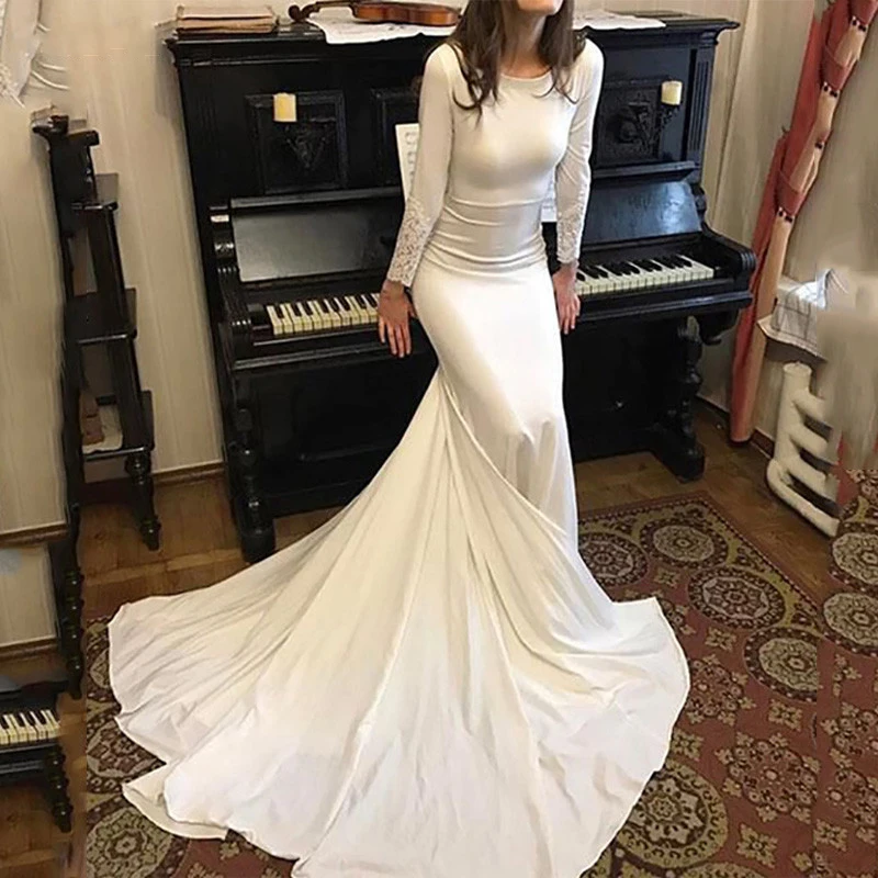 Neue Einfache Mermaid Brautkleider Langarm 2021 Braut Kleid Taste Glänzender Satin Oansatz Brautkleider vestidos de novia