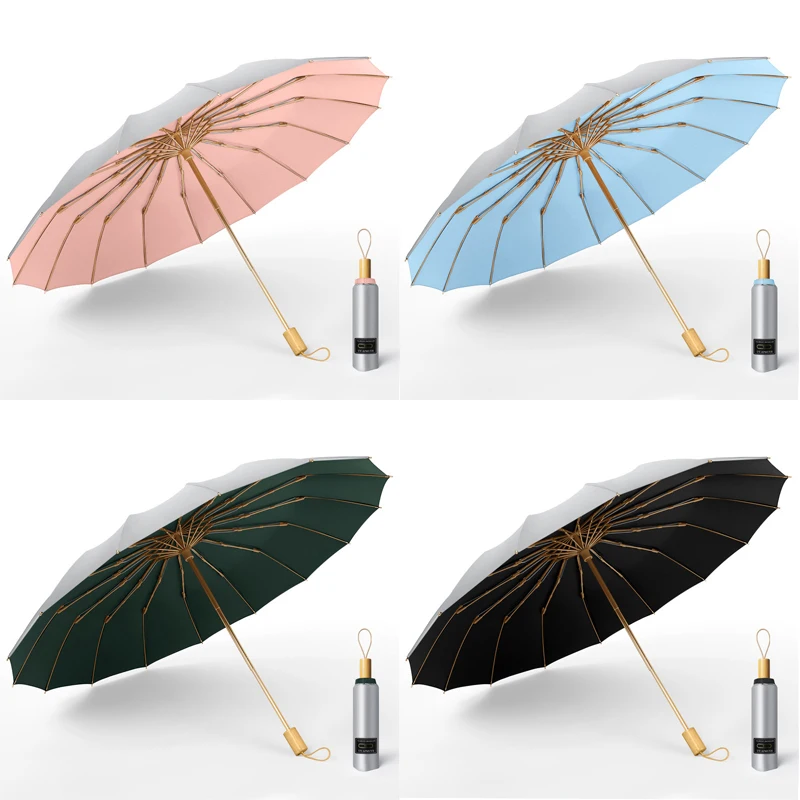 Fashion Women Titanium Silver Sun Umbrellas 16 Ribs Folding Dual-Purpose Rain Umbrellas Windproof Sunshade UV Protection UPF50+