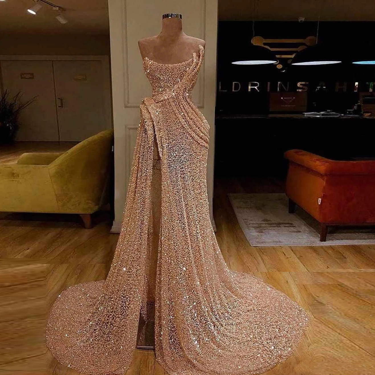 Glitter Mermaid Evening Dresses Sequins Custom Made Off Shoulder Elegant Formal Party Gowns Sexy Split Long Prom Dress Pleated