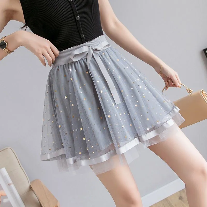 Summer Tulle Skirt Short Star Sequins High Waist A-line Mini Skirt  Black Pink White Evening Nigth Party Sexy Skirt Women falda