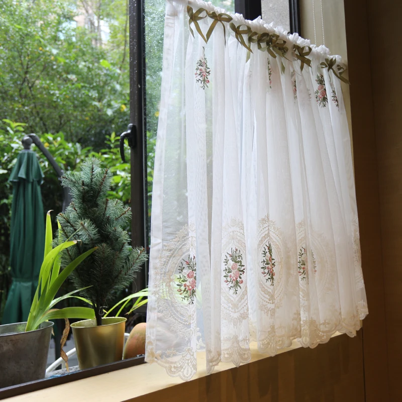 Kitchen Rod Curtain Coffee Color Home/Living Room Lace DecorFinished Curtains Polyester Lace Shorter Curtains