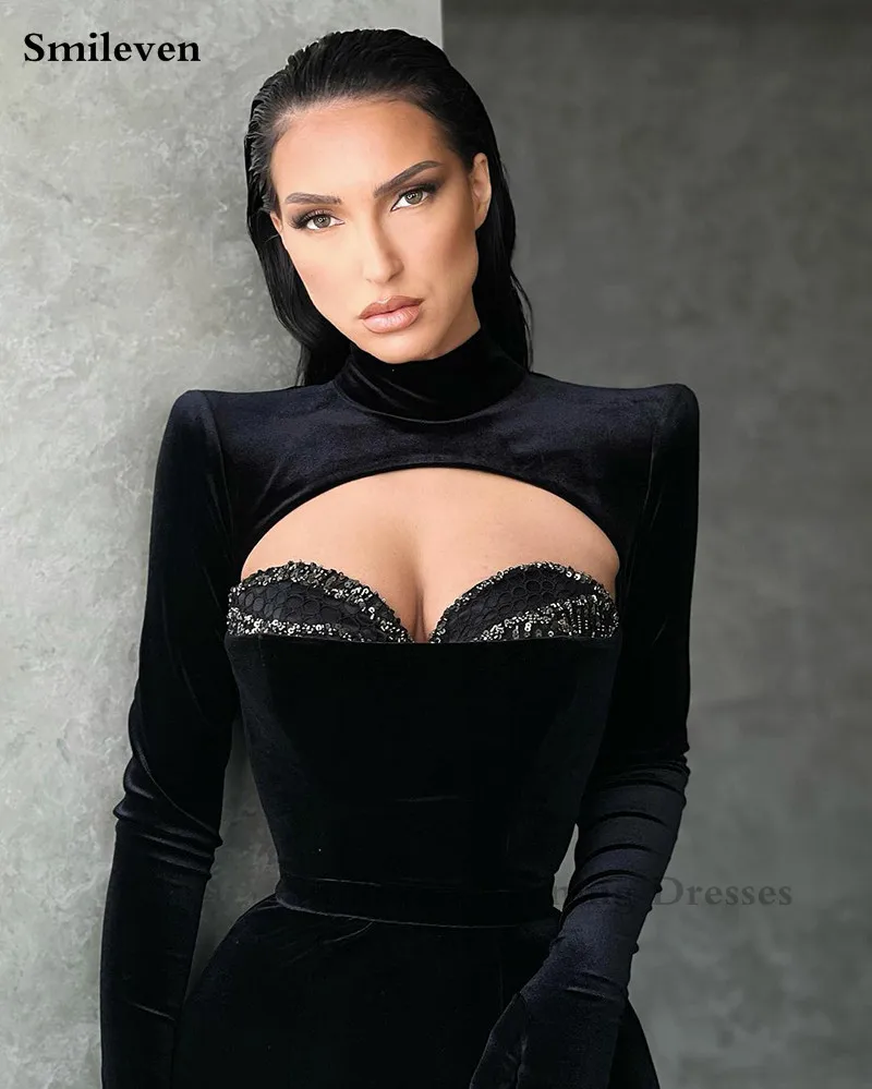 Smileven Sexy Black Velvet Mermaid Evening Dress High Neck Long Sleeve Party Dresses Robe De Soirée De Mariage Prom Gowns