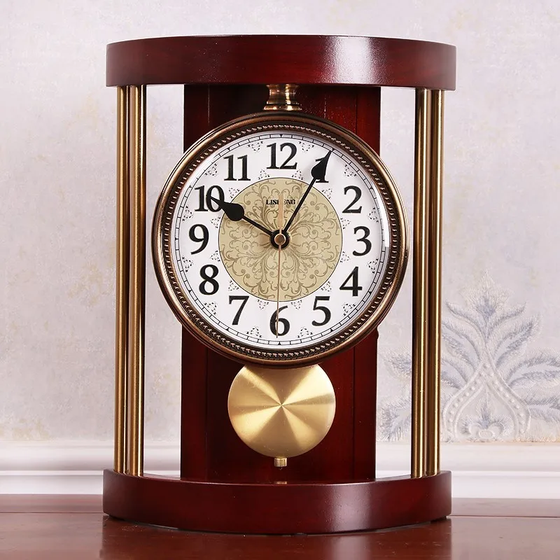 

European Retro Solid Wood Table Clock Vintage Metal Wall Clock Living Room Office Fashion Creative American Ornaments Desk Clock