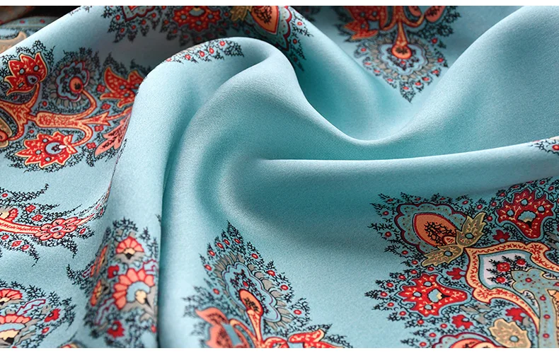 Peacock Blue Natural Satin Silk Scarf 110cm Big Square Bandana Printed 100% Pure Silk Scarves Women Luxury Shawl Gift for Lady