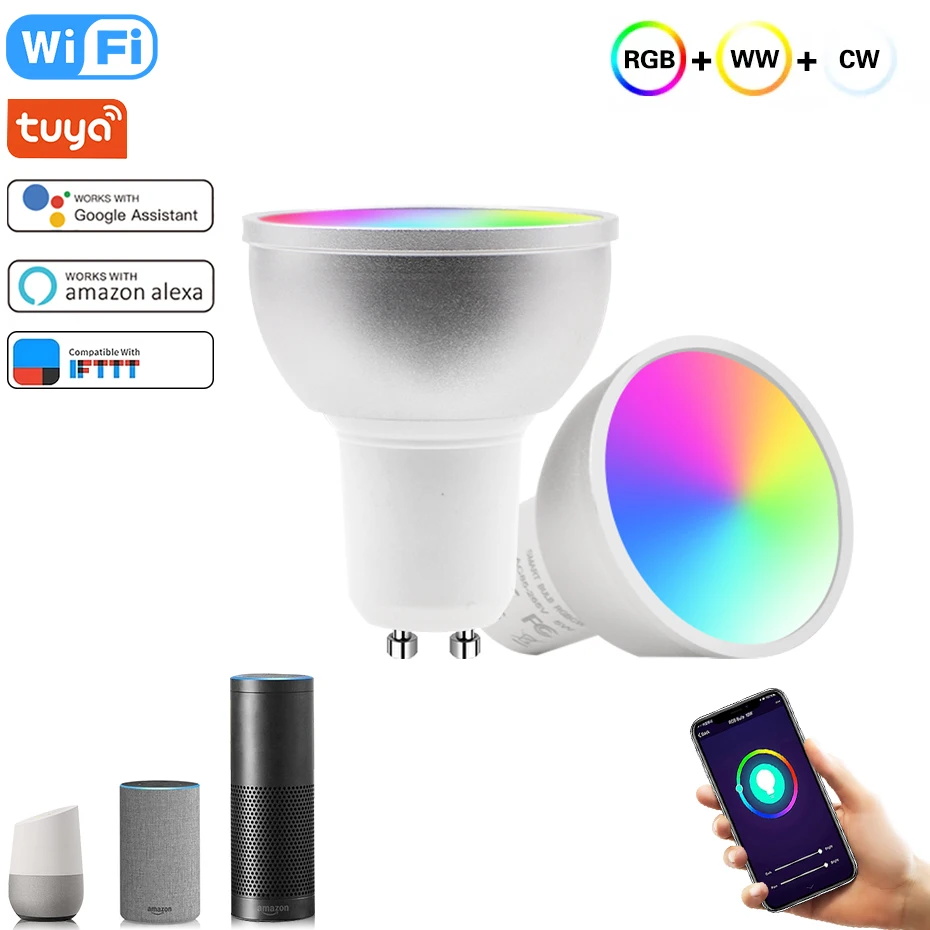 

GU10 Smart LED Light Cup 5W Wireless WiFi Smart Bulb RGB+WW+CW Color Dimmable Led Bulbs Work with Tuya Smart Life APP 1/2/4PCS