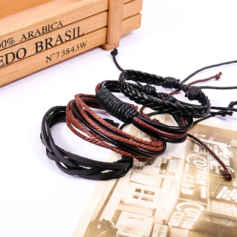 4Pcs/Set Multilevel Braided Wrap Bracelets For Man Fashion Casual Handmade Woven Male Wristbands Jewelry Gifts