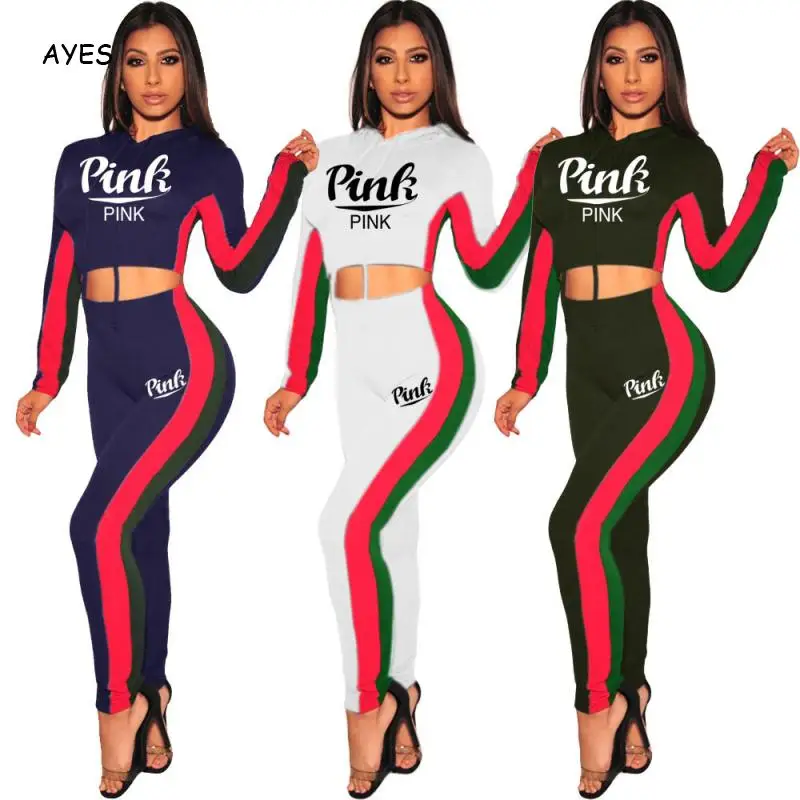 Women's Tracksuit Long Sleeves Short Top Elastic Band Trousers Yoga Set Patchwork PINK Printed Hooded Collar Slim Female Clothes