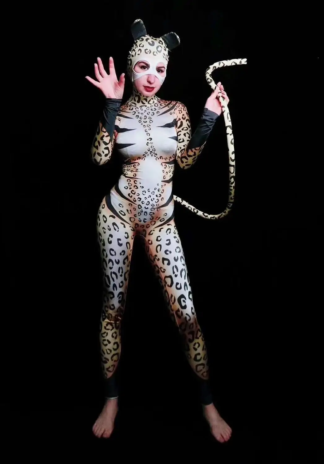 Women New Leopard Pattern Printing Cat Cosplay Jumpsuit Singer Bodysuit Stage Outfit Dance Prom Bar Model Show Outfit