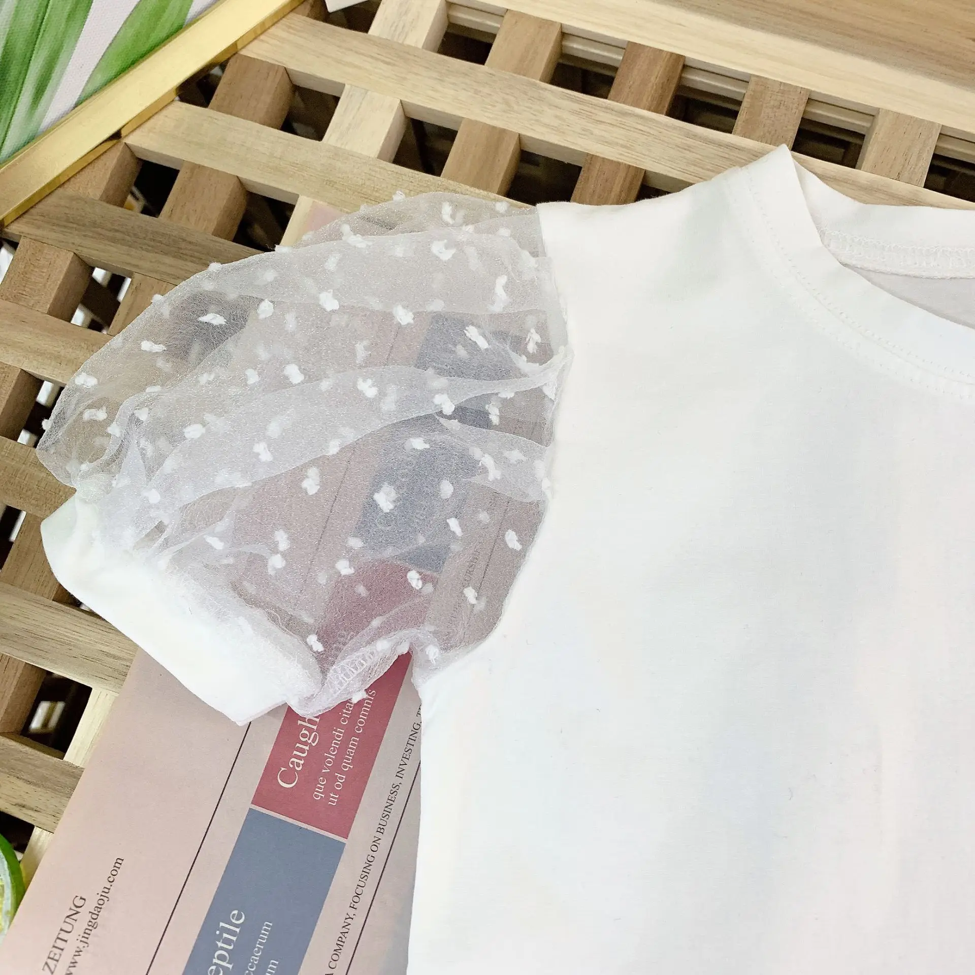 Fashion Summer Baby Girl Cotton T-Shirt Puff Sleeve Toddler Girl Pincess Lace Shirt Short Sleeve Round Neck Tee Top Solid Blouse