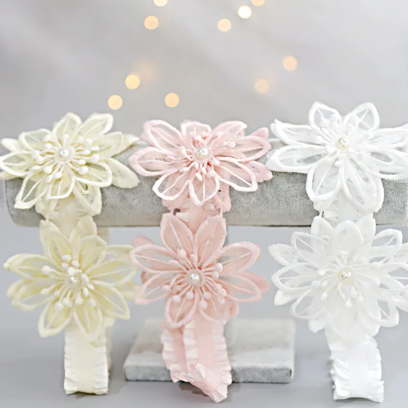 Boutique ins 15pcs Fashion Royal Floral Headbands Crochet Pearl Flower Soft Hairbands Princess Headwear Hair Accessories