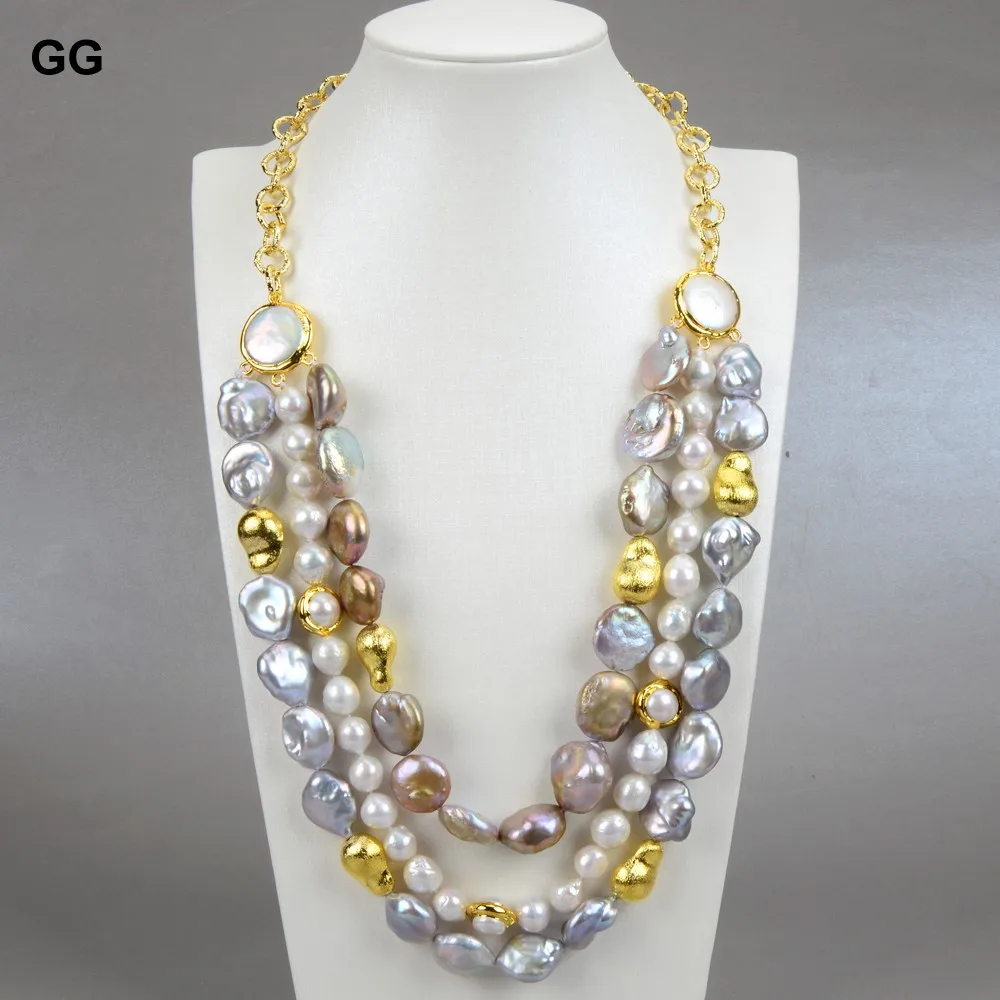 

GuaiGuai Jewelry 20'' 3 Strands Natural White Keshi Pearl Gray Purple Coin Keshi Pearl Necklace CZ Pendant Classic For Women