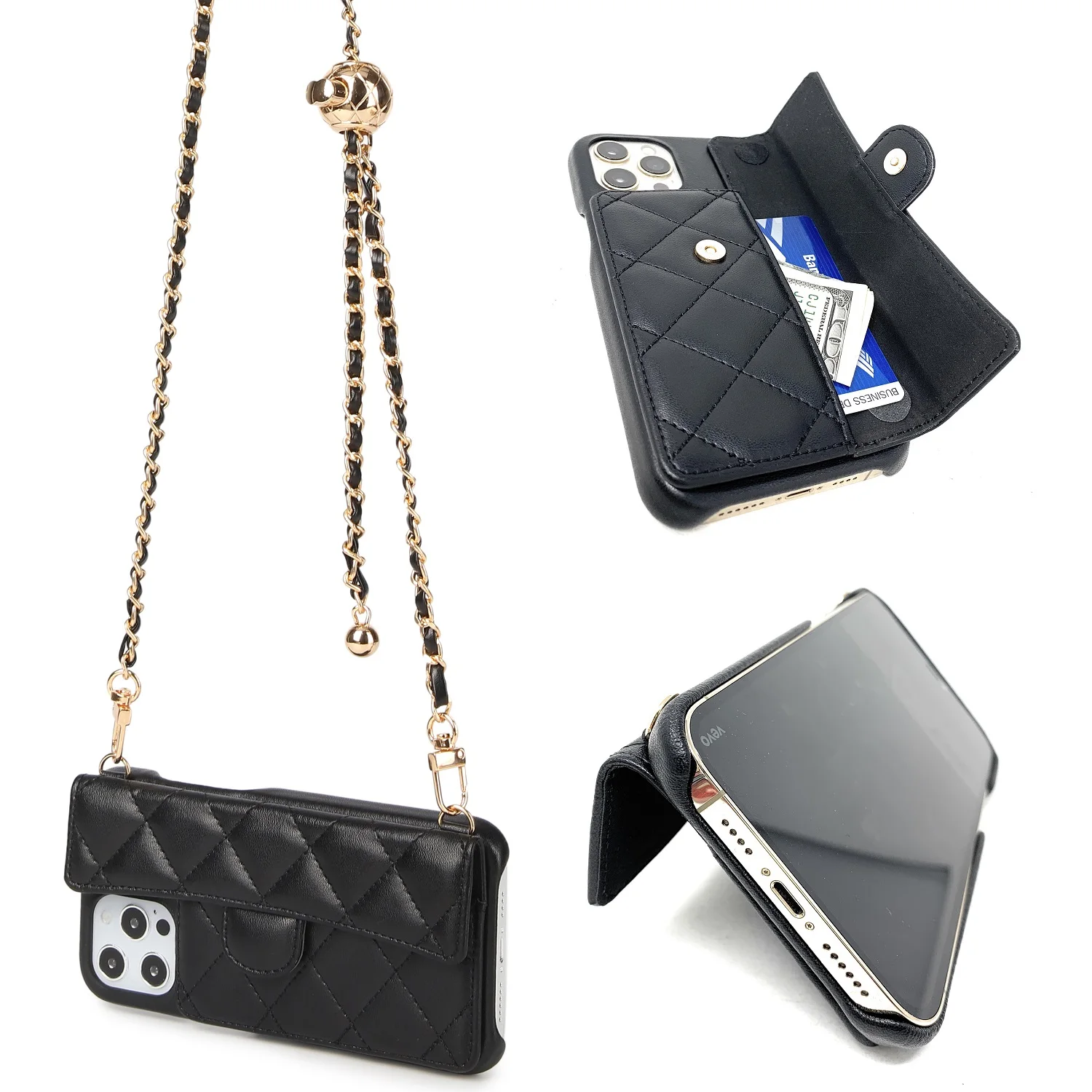 Trendy Phone Case Wallet For Apple iPhone14 Pro Max with Card Slots Holder Detachable Strap Women's Shoulder Bag Girl's Wallet