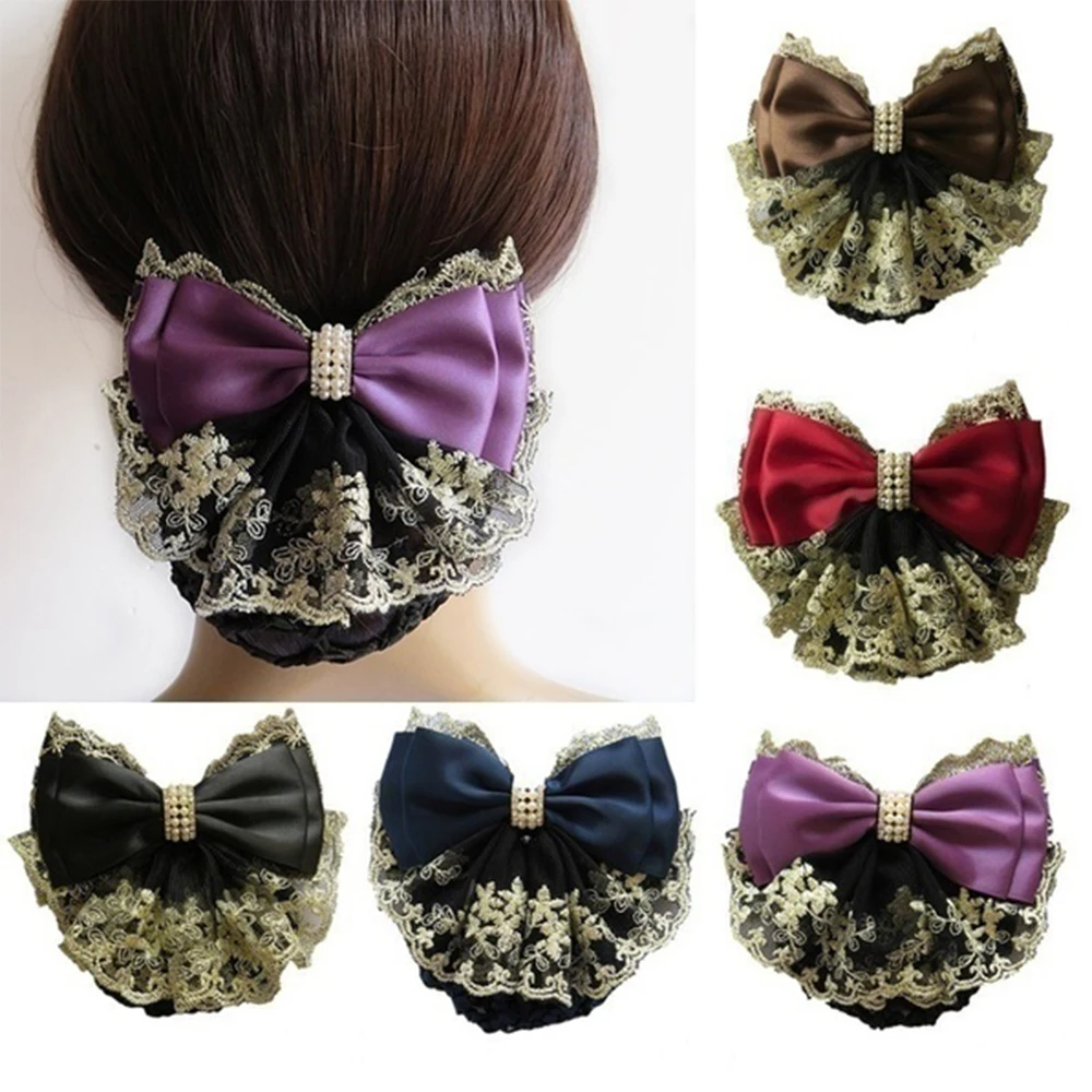 Stylish Floral Lace Satin Bow Barrette Lady Hair Clip Cover Net Bowknot Bun Snood Women Hairgrips Hair Accessories