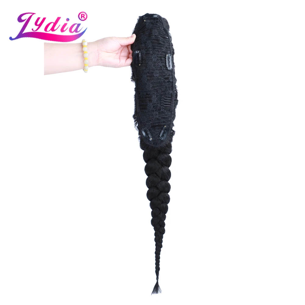 Lydia 30Inch Synthetic High Puff Afro Kinky Straight Middle-Part Wig 1B#Black Clips In Jumbo Braid Hairpiece Ponytail 76cm