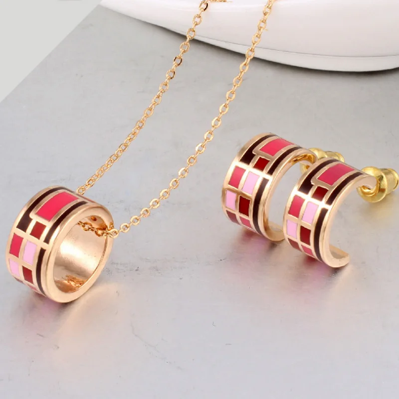 Zlxgirl small carton Geometric shape Enamel stainless pendant & earring jewelry set gold color necklace accessory sets